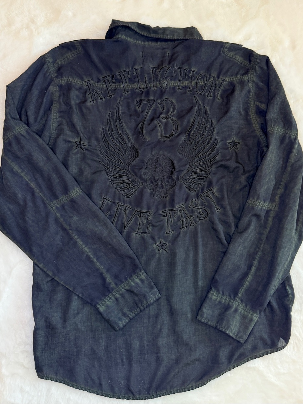 Affliction Black Premium Men’s XL Black Embroidered Button-Up Shirt Skull Wings